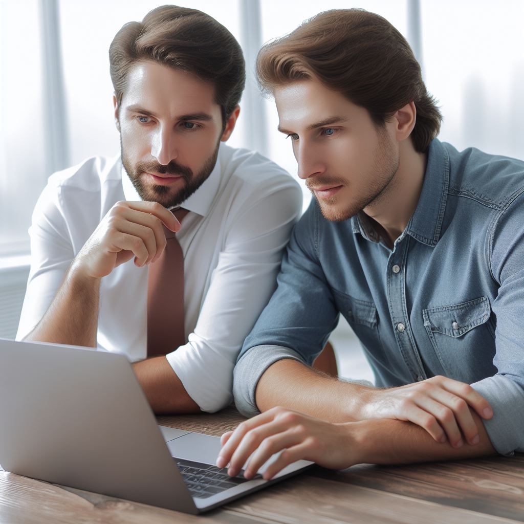 hombres frente a notebook