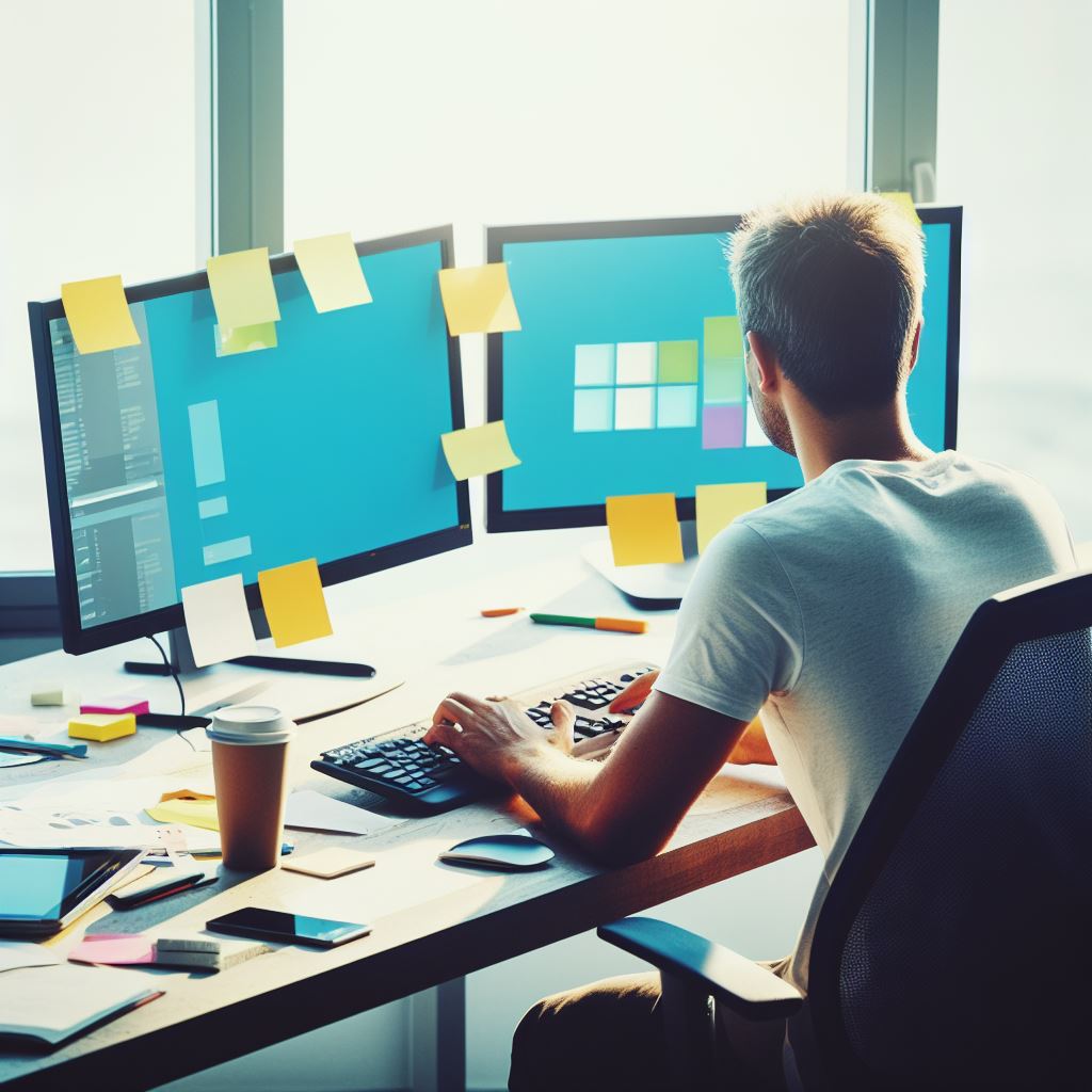 hombre trabajando en un escritorio con dos monitores